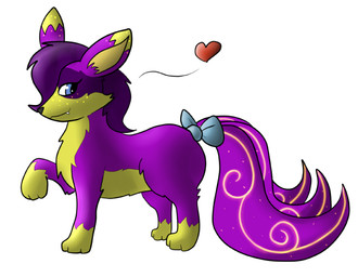 accessory ambiguous_gender belly blue_eyes bow_(feature) bow_accessory bow_ribbon feral fluffy fluffy_tail fur furgonomics hair heart_reaction heart_symbol multi_tail multicolored_body multicolored_fur paws purple_body purple_fur purple_hair ribbons simple_background smile solo tail tail_accessory tail_bow tail_ribbon two_tone_body two_tone_fur white_background yellow_belly yellow_body yellow_fur callistofox callisto_(yakukitsu) canid canine fox mammal