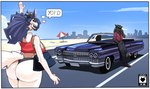 accessory anthro beach belt belt_buckle big_butt black_body black_fur bone breasts buckle butt city city_background clothed clothing dialogue disembodied_head eyewear female fluffy fluffy_tail fur furgonomics glasses gold_(metal) gold_jewelry hair hat headgear headwear jewelry leaning leaning_on_car male ponytail purse ring road skull skull_head smoking speech_bubble sunglasses tail tail_accessory tail_jewelry tail_ring text wearing_glasses white_body white_fur tianiseul cadillac cadillac_eldorado skull_dog_(tianiseul) canid canine felid feline mammal skulldog_(species) english_text hi_res