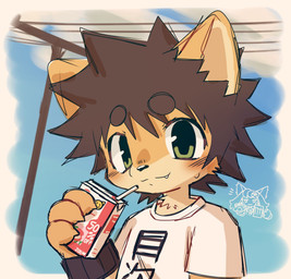 anthro brown_hair clothing countershading fangs fur green_eyes hair juice_box kemono looking_at_viewer male shirt smile solo tan_body tan_fur teeth topwear young young_anthro young_male thesandwich15 cyberconnect2 little_tail_bronx mokuji-kun canid canine caninu canis domestic_dog mammal 2025 hi_res portrait