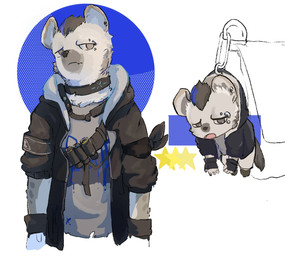 anthro bandolier black_hair blue_hair clothing collar ear_piercing eyebrow_piercing facial_piercing fingerless_gloves fur gloves grey_body grey_fur hair handwear jacket keychain looking_at_viewer looking_away male multicolored_hair piercing shirt simple_background solo t-shirt tail topwear two_tone_hair cabualocasia arknights hypergryph studio_montagne spot_(arknights) hyena mammal spotted_hyena hi_res