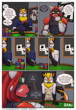 abs cybernetic_arm cybernetic_limb dialogue dreadlocks eyewear gambling glasses hair horn male muscular muscular_male neck_tuft nude red_hair text tuft bear213 nintendo pokemon kuma_grizzly ryder_(character) bewear generation_7_pokemon pokemon_(species) absurd_res colored comic english_text half-length_portrait hi_res portrait
