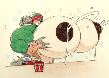 abs anthro big_muscles big_pecs blush bodily_fluids brown_nipples christmas_clothing christmas_sweater christmas_topwear clothed clothing container cup duo holidays huge_muscles huge_pecs hyper hyper_muscles hyper_pecs lactating male male/male male_lactation milk_drip milk_stream mug muscular muscular_anthro muscular_male nipples pec_squeeze pecs projectile_lactation raised_clothing raised_shirt raised_topwear shirt simple_background steam sweater topwear cnb2804 christmas mammal unknown_species 2025 hi_res