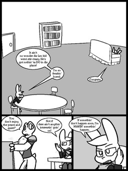 2_horns anthro armor big_penis bookshelf bottomless breastplate casual_nudity clothed clothing dialogue door furniture genitals group hair horn inside jacket kerchief lying male motion_lines on_back open_clothing open_jacket open_topwear penis raised_hand shirt short_tail shoulder_pads sitting sofa spade_tail table tail text topwear trio ultilix caspar_(ultilix) to-be-named-later wes_(ultilix) amphibian demon frog lagomorph leporid mammal rabbit 2025 comic english_text greyscale monochrome multiple_scenes