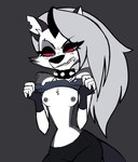 2021 absurd_res angry anthro black_nipples breasts canid canid_demon canine clothed clothing clothing_lift collar demon dr._pizza_boi female fur hellhound helluva_boss hi_res loona_(helluva_boss) mammal mythological_canine mythological_creature mythology nipples notched_ear on_model red_sclera shirt shirt_lift small_breasts solo spiked_collar spikes topwear white_body white_fur