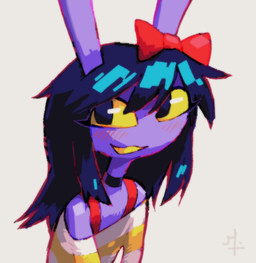 accessory anthro big_ears big_eyes black_choker black_hair black_jewelry black_necklace blush blush_lines bow_ribbon choker clothing female fur hair hair_accessory hair_bow hair_ribbon jewelry long_hair looking_at_viewer necklace off-shoulder_top pattern_clothing pattern_shirt pattern_topwear purple_body purple_fur ribbons shirt simple_background smile smiling_at_viewer solo striped_clothing striped_shirt striped_topwear stripes tan_background topwear yellow_clothing yellow_shirt yellow_topwear machitoons glitch_productions the_amazing_digital_circus gooseworx's_post-transition_jax_design jax_(tadc) lagomorph leporid mammal rabbit 2026 digital_drawing_(artwork) digital_media_(artwork) english_description hi_res trans_(lore) trans_woman_(lore)