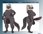 4_toes 5_fingers angry anthro balls bangs big_balls big_breasts big_butt big_penis blonde_hair blue_eyes breasts brown_body brown_fur butt eyeliner feet fingers front_view fur genitals gynomorph hair hand_on_hip huge_penis hyper hyper_genitalia intersex makeup nude penis plantigrade red_eyeliner side_view simple_background slightly_chubby slightly_chubby_anthro slightly_chubby_gynomorph slightly_chubby_intersex solo standing stern_look thick_thighs toes wide_hips freakfur commander_feng-yen_(kazukio) gulonine mammal marten mustelid musteline pine_marten model_sheet