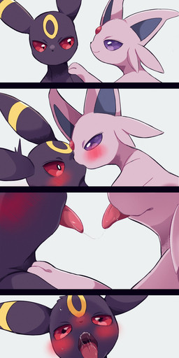 after_kiss ahegao ambiguous/ambiguous ambiguous_feral ambiguous_gender black_body black_eyes black_fur black_nose blue_inner_ear blush blush_lines blushing_profusely bodily_fluids closed_smile duo ear_markings facial_markings fangs feral feral_on_feral forehead_gem forehead_markings fur gem head_markings kiss_on_lips kissing looking_pleasured markings mouth_closed paws pink_body pink_fur pointy_ears prick_ears purple_eyes quadruped red_sclera saliva saliva_string smile sweat teeth tongue tongue_out yellow_markings prrrrrrmine nintendo pokemon eeveelution espeon generation_2_pokemon pokemon_(species) umbreon 2026 absurd_res comic digital_media_(artwork) hi_res