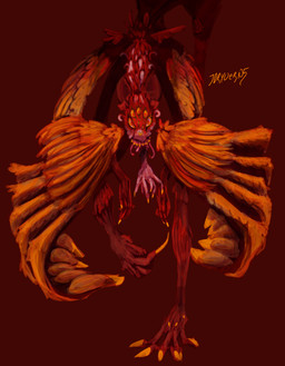 ambiguous_gender anthro ears_up feathered_wings feathers fingers fur gold_(metal) gold_nails gold_tooth gold_wings hand_wings looking_at_viewer multi_eye multi_limb multiple_hands red_body red_fur simple_background solo teeth_showing wings just_dryvern dryvern_(just_dryvern) angel canid canine fox hybrid mammal monster absurd_res digital_media_(artwork) digital_painting_(artwork) hi_res painting_(artwork)