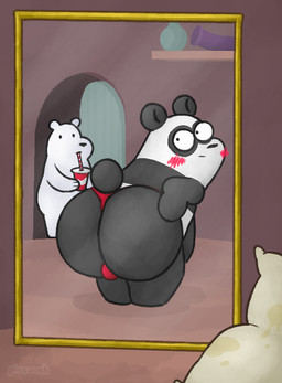 anthro beverage big_butt biped blush bulge bulge_from_behind butt clothed clothing container cup drinking drinking_straw duo embarrassed male mirror pillow presenting presenting_hindquarters solo_focus stain stained_pillow text thong thong_only topless underwear underwear_only wide_eyed pincoosh are_ya_winning_son? cartoon_network we_bare_bears ice_bear_(we_bare_bears) panda_(we_bare_bears) bear giant_panda mammal polar_bear ursine artist_name digital_media_(artwork) hi_res brother_(lore) brothers_(lore) sibling_(lore)