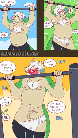 anthro armpit_fetish armpit_hair assisted_exposure beard belly blush bodily_fluids body_hair clothing cum ejaculation embarrassed exercise exposed facial_hair foreskin genital_fluids genitals gym hairy humiliation male nude pantsing penis profanity public public_exposure public_nudity small_penis solo text underwear wet wet_clothing wet_underwear remmus_cobalt nintendo pokemon fan_character 4k 9:16 absurd_res comic english_text hi_res