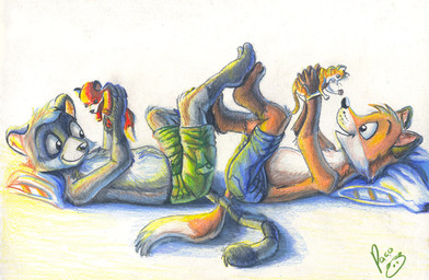 anthro blue_bottomwear blue_clothing blue_shorts bottomwear chest_tuft closed_smile clothed clothing duo fur glistening glistening_eyes green_bottomwear green_clothing green_shorts grey_body grey_fur happy holding_object holding_plushie logo lying male male_anthro markings mouth_closed on_back open_mouth open_smile orange_body orange_fur pillow playful plushie shorts side_view smile striped_markings striped_tail stripes tail tail_markings topless tuft white_body white_fur young young_anthro young_male pandapaco art_(pandapaco) biro_(pandapaco) canid canine fox mammal procyonid raccoon artist_logo signature