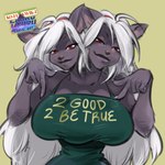 2_heads 3_breasts big_breasts breasts clothing hair long_hair multi_breast multi_head red_eyes shirt small_waist text tight_clothing tight_shirt tight_topwear topwear larru-larru felicia_(flafty) felid feline mammal 1:1 english_text