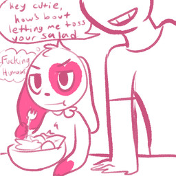 :| anthro clothed clothing cutlery dialogue duo female food fork frustrated fur furniture humor kitchen_utensils male multicolored_body multicolored_fur open_mouth profanity salad shirt simple_background smile suggestive table text thought_bubble tools topwear two_tone_body two_tone_fur white_background wide_eyed mt wink_(mt) human lagomorph leporid mammal rabbit 1:1 digital_media_(artwork) english_text monochrome pink_and_white