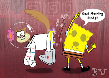 blush butt_slap clothed clothing female flower male plant slap spanked_butt spanking speech_bubble sponge standing surprised tail text underwater water bolillo_werito nickelodeon spongebob_squarepants sandy_cheeks spongebob_squarepants_(character) aquatic eastern_grey_squirrel grey_squirrel mammal rodent sciurid sea_sponge tree_squirrel english_text hi_res