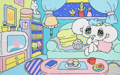 accessory alternative_fashion ambiguous_gender anthro bangs bedding big_ears big_eyes blanket blue_hair book bookshelf cactus chibi container cookie cup curtains dessert detailed_background doughnut eating eating_food electronics eyelashes fairy_kei flower food furniture glistening glistening_eyes hair hair_accessory hairclip heart_symbol j-fashion kemono lamp lidded_eyes macaron_(food) mug night nude on_model on_sofa pastry paws picture_frame pillow plant plant_pot plate plushie popcorn potted_plant round_ears rug shelf shooting_star sitting sitting_on_sofa sofa solo star superflat table television white_body window young young_anthro yurie_sekiya peropero_sparkles melo_(peropero_sparkles) alien mammal mouse murid murine rodent absurd_res colorful_theme cool_colors hi_res official_art pastel_theme traditional_media_(artwork)