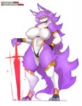 anthro big_breasts breasts camel_toe clothed clothing energy_sword erect_nipples female fingerless_gloves fur gloves handwear legwear melee_weapon nipple_outline nipples purple_body purple_fur skimpy solo standing sword thick_thighs thigh_highs thong underwear weapon white_body white_clothing wide_hips yellow_eyes girlsay rae_(girlsay) canid canine canis mammal wolf 2022 hi_res