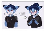 anthro biped blue_body blue_hair blush clothed clothing directional_arrow ears_aside front_view hair hoodie looking_down male red_eyes sharp_teeth shirt simple_background smile smirk solo teeth text topwear white_background kakhao derio_(kakhao) fish marine shark english_text hi_res