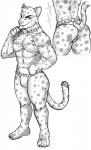 anthro armor bikini_armor brass_knuckles butt clothing collar licking looking_at_viewer male melee_weapon muscular muscular_anthro muscular_male solo thong tongue tongue_out unconvincing_armor underwear weapon o-doodles ricky_landon felid leopard mammal pantherine snow_leopard monochrome