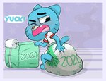 anthro blue_body blue_fur blue_text blush clothing crouching diaper diaper_package exclamation_point feces feces_stain full_diaper fur furgonomics green_diaper green_text hand_on_diaper hyper looking_at_diaper male multicolored_diaper one_eye_closed open_mouth oversized_diaper pointy_ears prick_ears shirt soiled_diaper soiling solo stink_fumes stink_lines t-shirt text topwear touching_diaper unclean_diaper used_diaper white_clothing white_diaper white_shirt white_speech_bubble white_t-shirt white_text_border white_topwear young tenerius cartoon_network the_amazing_world_of_gumball gumball_watterson domestic_cat felid feline felis mammal 2021 hi_res