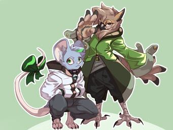 4_toes anisodactyl anthro beak bell bow_(feature) clothing coat collar crouching duo eyewear feathers feet glasses male male/male toes topwear wings chalk_outline avian bird mammal mouse murid murine owl rodent 4:3 hi_res