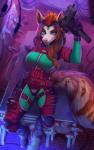 5_fingers anthro breasts brown_hair clothed clothing detailed_background eyelashes female fingers fluffy fluffy_tail green_eyes gun hair holding_gun holding_object holding_ranged_weapon holding_weapon looking_at_viewer machine_gun ranged_weapon smile solo tail weapon sorafoxyteils solicia canid canine mammal 2018 digital_media_(artwork) hi_res