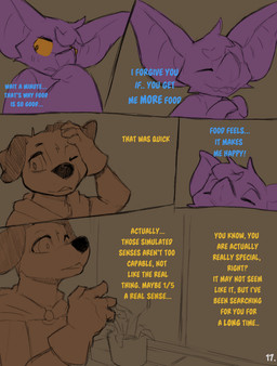 ambiguous_gender anthro big_ears blue_text cloak clothed clothing comic_panel dialogue duo plant plant_pot potted_plant purple_body text wings yellow_eyes yellow_text conditional_dnp dacad tyler_(dacad) zipper_(dacad) bat canid canine mammal comic english_text hi_res restricted_palette
