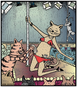ambiguous_gender anthro biped border bra clothing dancing ear_piercing ear_ring female footwear fur group high_heels multiple_piercings piercing pole pole_dancing red_bra red_clothing red_underwear ring_piercing shoes smile striped_body striped_fur stripes underwear whiskers white_border tony_zuvela felid feline mammal mouse murid murine rodent