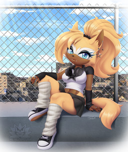 anthro blonde_hair blue_eyes bottomwear breasts brown_body brown_fur clothing digit_ring ear_piercing ear_stud electronics eyelashes facial_markings fangs female finger_ring footwear fur hair head_markings headphones headphones_around_neck jewelry markings mask_(marking) midriff navel outside piercing ponytail shirt shoes sitting skirt solo teeth topwear yellow_body yellow_fur metalpandora idw_publishing sega sonic_the_hedgehog_(comics) sonic_the_hedgehog_(idw) sonic_the_hedgehog_(series) whisper_the_wolf canid canine canis mammal wolf 2025 hi_res