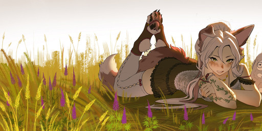anthro blush claws clothing duo eyewear female glasses hair jewelry legwear looking_at_viewer lying on_front outside pawpads plant round_glasses smile stockings tail tattoo white_hair lambdakat tsune_(tsunekitsune) animal_humanoid bovid canid canid_humanoid canine canine_humanoid caprine dog_humanoid humanoid mammal mammal_humanoid sheep 2026 absurd_res digital_media_(artwork) hi_res