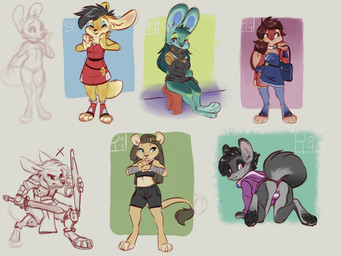 anthro arm_wraps armor bag bent_over big_ears black_clothing black_hair blue_clothing blue_eyes bottomwear bra breasts brown_hair butt clothed clothing collar dress eyes_closed eyeshadow feet female footwear fully_clothed fur green_body green_fur green_hair hair happy hindpaw hoodie legwear long_hair looking_away makeup melee_weapon panties pawpads paws presenting presenting_hindquarters purple_clothing purple_eyes purse red_clothing shield shorts simple_background sitting smile socks solo standing stockings sword toeless_footwear toeless_socks topwear underwear weapon white_background wraps yellow_body yellow_eyes yellow_fur reign-2004 canid canine canis domestic_dog felid fennec_fox fox lagomorph leporid lion mammal pantherine rabbit true_fox 2018 4:3 absurd_res digital_media_(artwork) hi_res multiple_images sketch