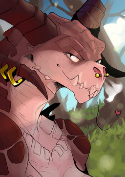 anthro big_teeth curved_horn facial_piercing female gold_(metal) gold_jewelry grin horn jewelry looking_at_viewer nose_piercing nude piercing pink_nose red_body red_scales scales smile solo teeth vicariousvixens fallout microsoft deathclaw scalie 2025 digital_media_(artwork) hi_res portrait three-quarter_portrait