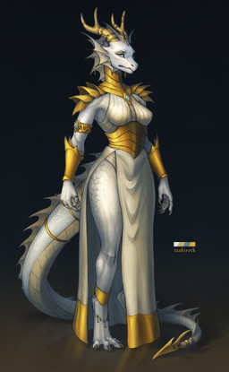accessory anthro antlers armor biped black_background blue_eyes breasts claws clothed clothed_anthro clothed_female clothing corset digitigrade female female_anthro furgonomics gold_(metal) gold_armor gold_jewelry head_crest horn horn_accessory horn_jewelry horn_ring jewelry lingerie long_claws long_tail looking_at_viewer markings medium_breasts non-mammal_breasts piercing pose ring ring_(jewelry) ring_(marking) ringed_tail robe scales simple_background solo spikes spines standing striped_markings striped_tail stripes tail tail_markings text thick_thighs three-quarter_view toe_claws topwear white_body white_scales tashiroth mythology dragon mythological_creature mythological_scalie scalie absurd_res artist_name digital_drawing_(artwork) digital_media_(artwork) full-length_portrait hi_res model_sheet portrait