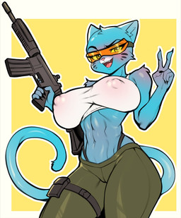 abs anthro female gun nipples_visible_through_clothing ranged_weapon solo tail weapon weelzelu cartoon_network the_amazing_world_of_gumball nicole_watterson felid feline mammal