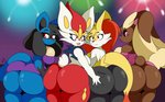 2021 absurd_res anthro big_breasts big_butt black_body black_fur blue_body braixen breasts brown_body brown_fur bubble_butt butt butt_focus butt_grab butt_squish canid canine cinderace clothed clothing deep_skin digital_media_(artwork) dress english_text female female/female fireworks fur generation_4_pokemon generation_6_pokemon generation_8_pokemon grope group hair hand_on_butt hi_res holidays huge_butt inner_ear_fluff lagomorph lineup looking_aside looking_at_another looking_at_viewer looking_back lopunny lucario mammal new_year night nintendo nr_ac onomatopoeia open_mouth outside pink_eyes pokemon pokemon_(species) red_body red_eyes signature skimpy skindentation sky smile sound_effects squish standing star surprise text thick_thighs tuft white_body white_fur wide_hips yellow_body yellow_fur