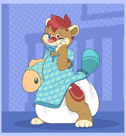 ambiguous_gender anthro big_diaper blue_border blue_onesie blue_pacifier blue_tail blue_tail_tip blush blush_lines border brown_body brown_fur brown_inner_ear clothing crib diaper dipstick_tail dotted_background feces feet fingerless_(marking) fur hair hand_on_face holding_object holding_plushie huge_diaper markings multicolored_body multicolored_fur object_in_mouth one_eye_closed onesie pacifier pacifier_in_mouth pattern_background pattern_onesie pink_nose plushie red_body red_fur red_hair red_spots simple_background soiled_diaper solo spots spotted_face standing tail tail_markings tan_body tan_ears tan_fur tired toeless_(marking) unclean_diaper used_diaper white_diaper bubblepuppers kvikk_(littlekvikk) beaver mammal rodent hi_res