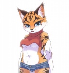 anthro biped blue_eyes bottomwear breasts clothed clothing ear_piercing female kemono looking_at_viewer navel open_mouth piercing shorts simple_background solo standing under_boob underwear white_background rag._(artist) nintendo star_fox miyu_(star_fox) felid feline lynx mammal