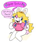 anthro arms_bent bent_leg blonde_hair blue_ear_piercing blue_eyes blush breasts buckteeth clothing crown dialogue ear_piercing eyelashes eyeshadow fake_tail female female_anthro fur gem hair headgear hearts_around_text long_ears long_hair makeup mitten_hands multicolored_body name_in_dialogue open_mouth open_smile piercing pink_clothing pink_eyeshadow pink_shirt pink_topwear sapphire_(gem) shirt simple_background smile solo sparkles speech_bubble sticker tan_body tan_inner_ear tan_skin teeth text thick_thighs topwear two_tone_body white_body white_fur yelling robotic_pastries mario_bros mario_plus_rabbids_kingdom_battle nintendo raving_rabbids rayman_(series) ubisoft rabbid_peach lagomorph mammal rabbid 2023 crossover digital_drawing_(artwork) digital_media_(artwork) english_description english_text flat_colors full-length_portrait hi_res portrait signature