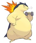 ambiguous_gender belly big_belly blue_body exercise feral fire overweight overweight_feral simple_background text weightlifting white_background workout yellow_belly zephy_03 nintendo pokemon generation_2_pokemon pokemon_(species) typhlosion hi_res japanese_text