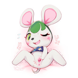 anthro anus bodily_fluids bottomless chibi clitoris clothed clothing female fur genital_fluids genitals green_eyes green_hair grey_body grey_fur hair loli one_eye_closed simple_background sitting solo spread_legs spread_vulva spreading sweat text vaginal_fluids vulva white_background wink young young_anthro cotora animal_crossing nintendo bree_(animal_crossing) house_mouse mammal mouse murid murine rodent 1:1 2020 hi_res signature adult_(lore)