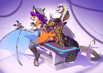 anthro black_nose butt duo female fur hair mechanical_wings nude open_mouth orange_body orange_fur pawpads pink_pawpads purple_hair smile spines straddling teeth tongue wings kyander canid canine fox mammal reptile scalie snake 2019 digital_media_(artwork)