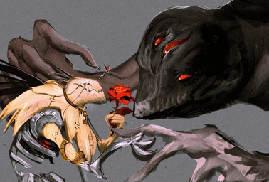 date duo grey_background heart_symbol machine male multi_eye red_eyes simple_background size_difference na1su league_of_legends riot_games tencent atakhan fiddlesticks_(lol) demon colored