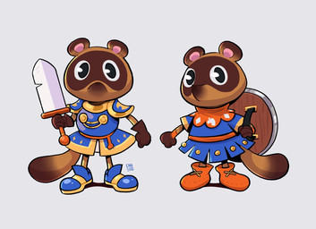 anthro armor brown_body brown_fur duo fur melee_weapon shield simple_background sword weapon white_background chiisao animal_crossing nintendo timmy_nook tommy_nook canid canine mammal raccoon_dog tanuki 2020 brother_(lore) brothers_(lore) sibling_(lore) twins_(lore)