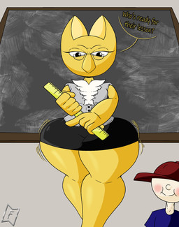 anthro big_butt bottomwear butt cap_over_eyes chalkboard chest_tuft classroom clothed clothing duo eyewear female glasses hat headgear headwear larger_anthro larger_female male miniskirt ruler school size_difference skirt smaller_human smaller_male speech_bubble text thick_thighs tuft wide_hipped_anthro wide_hipped_female wide_hips wobbling_butt yellow_body yellow_skin mysterywhiteflame nintendo pokemon anon thiccno generation_1_pokemon human hypno_(pokemon) mammal pokemon_(species) english_text hi_res