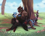 anthro duo female hug male outside plant romantic romantic_couple tail tail_coil tree icy-marth mythology daedalus_vindryal semura_(character) canid canine dragon drulttur felid feline hybrid mammal mythological_creature mythological_scalie scalie