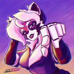 anthro clothing cybernetic_arm cybernetic_limb female hair lips pointy_ears purple_background purple_eyes red_body robotic_arm simple_background solo suit white_hair alterdfd ailurid humanoid mammal red_panda robot_anthro 1:1 hi_res