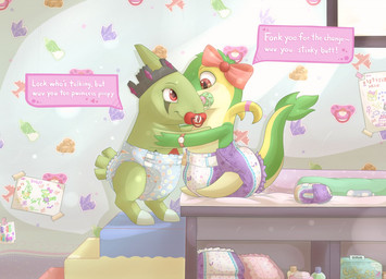 ambiguous_gender anthro clothing crown diaper duo female headgear lavender_(diaper) male pacifier space_(diaper) young dozyslumbers abuniverse lavender_(abuniverse) nintendo pokemon space_(abuniverse) generation_2_pokemon generation_5_pokemon larvitar pokemon_(species) snivy