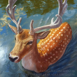 ambiguous_gender antlers black_nose brown_body brown_eyes brown_fur feral fur horn markings multicolored_body multicolored_fur partially_submerged quadruped solo spots spotted_body spotted_fur water white_body white_fur red-izak deer mammal 1:1 2025 digital_media_(artwork)
