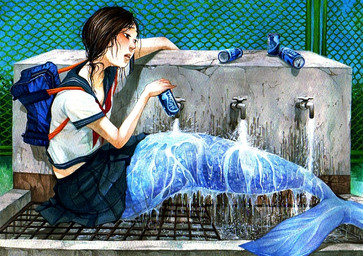 black_hair blue_bag blue_bottomwear blue_clothing blue_skirt blush bottomwear clothing female hair open_mouth school_uniform skirt solo split_form uniform water asahinoboru aquatic merfolk