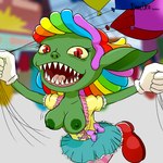 balloon clothed clothing clown dual_holding female hair holding_balloon holding_object inflatable looking_at_viewer multicolored_hair sharp_teeth solo teeth topless jdanieloart chispa_(jdanieloart) goblin humanoid 1:1 hi_res