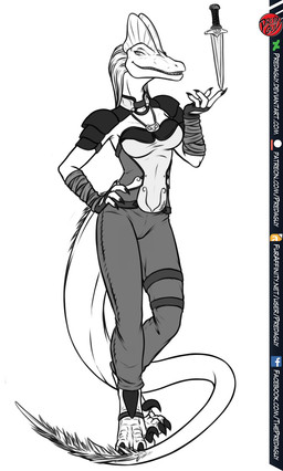 anthro armor breasts claws clothing dagger female knife melee_weapon non-mammal_breasts solo weapon predaguy dilophosaurid dilophosaurus dinosaur dromaeosaurid hybrid prehistoric_species reptile saurischian scalie theropod velociraptor digital_media_(artwork) hi_res